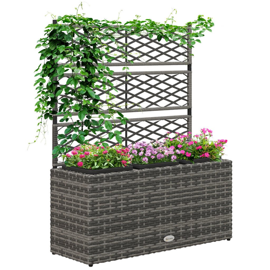 Outsunny Garden PE Rattan Planter Box w/ Trellis Flower Raised Bed, 84x30x107cm