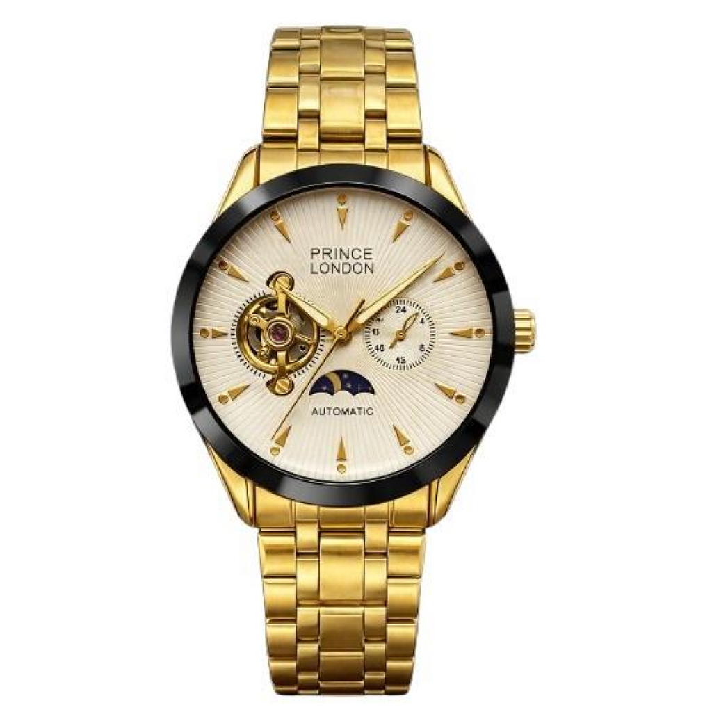 NYL Men's Automatic Metal Mechanical Round Face Multi Dial Analogue Gold/White