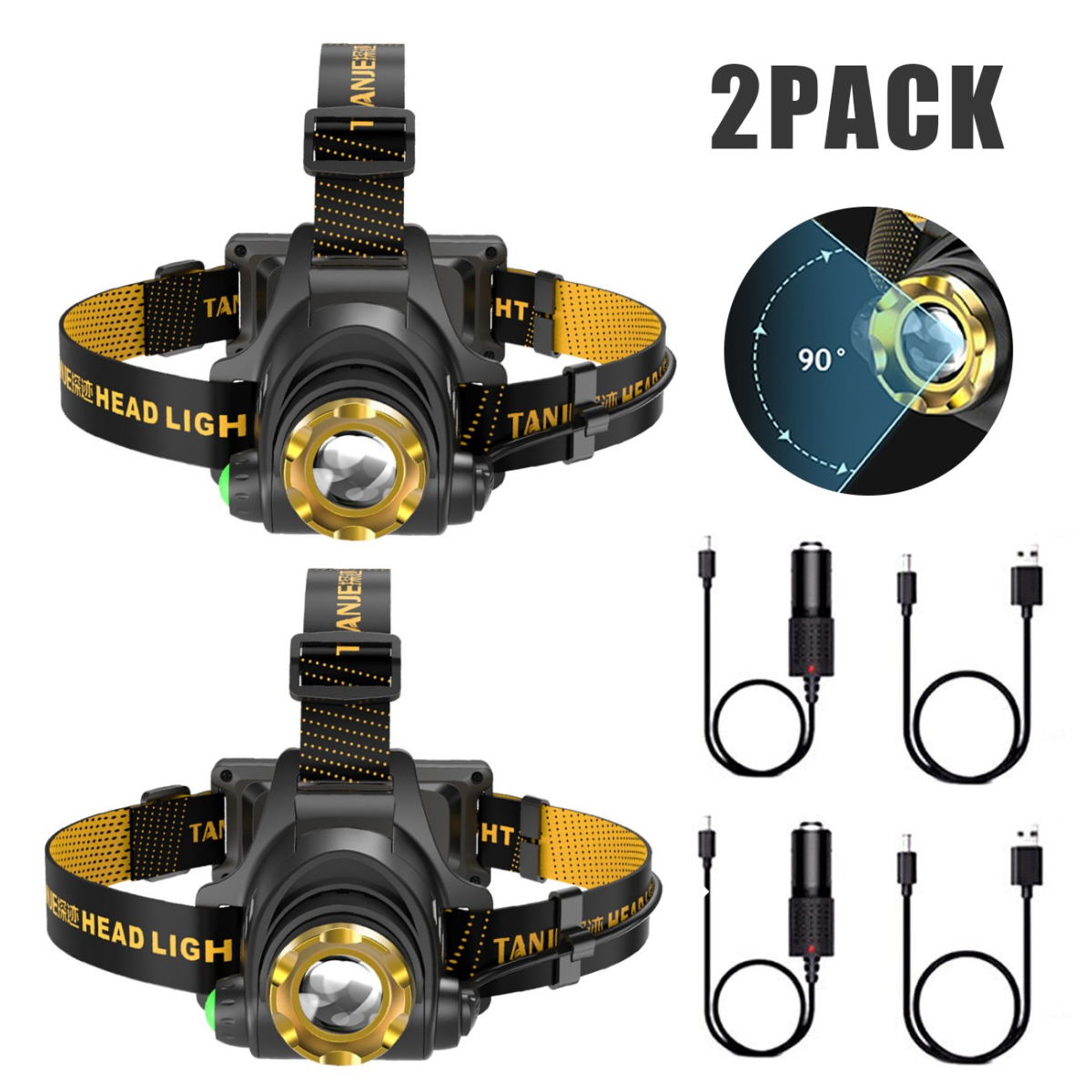 (2 Pack) USB Rechargeable LED Headlamp 3 Modes Head Torch Zoomable Headlight+Car