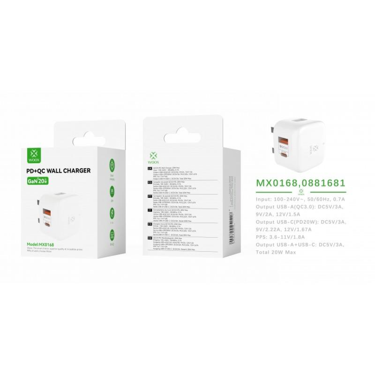 Woox MX0168 UK Type-C 20W PD & USB 3A QC Wall Charger, White