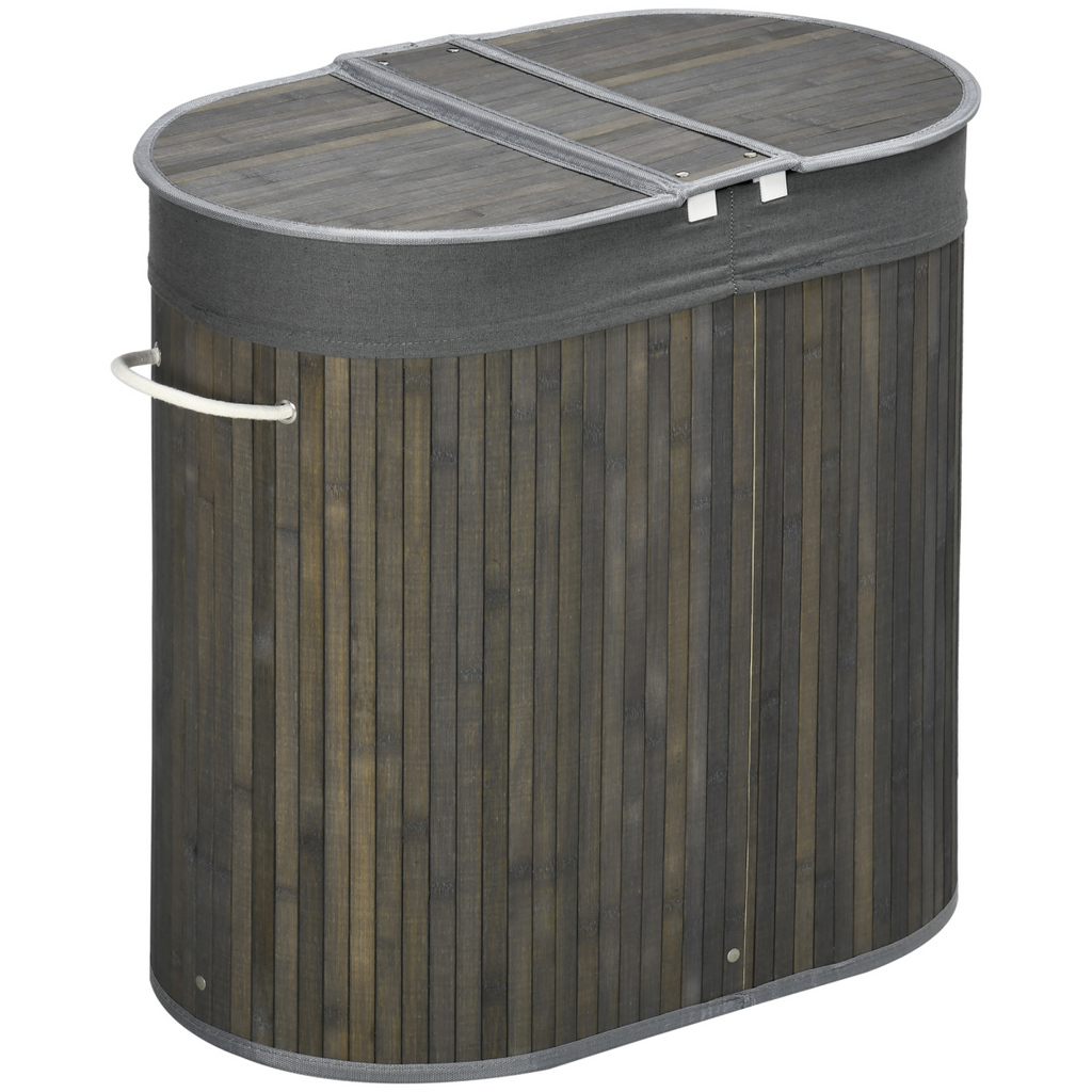 100L Bamboo Laundry Basket with 2 Compartments Washing Baskets Grey HOMCOM