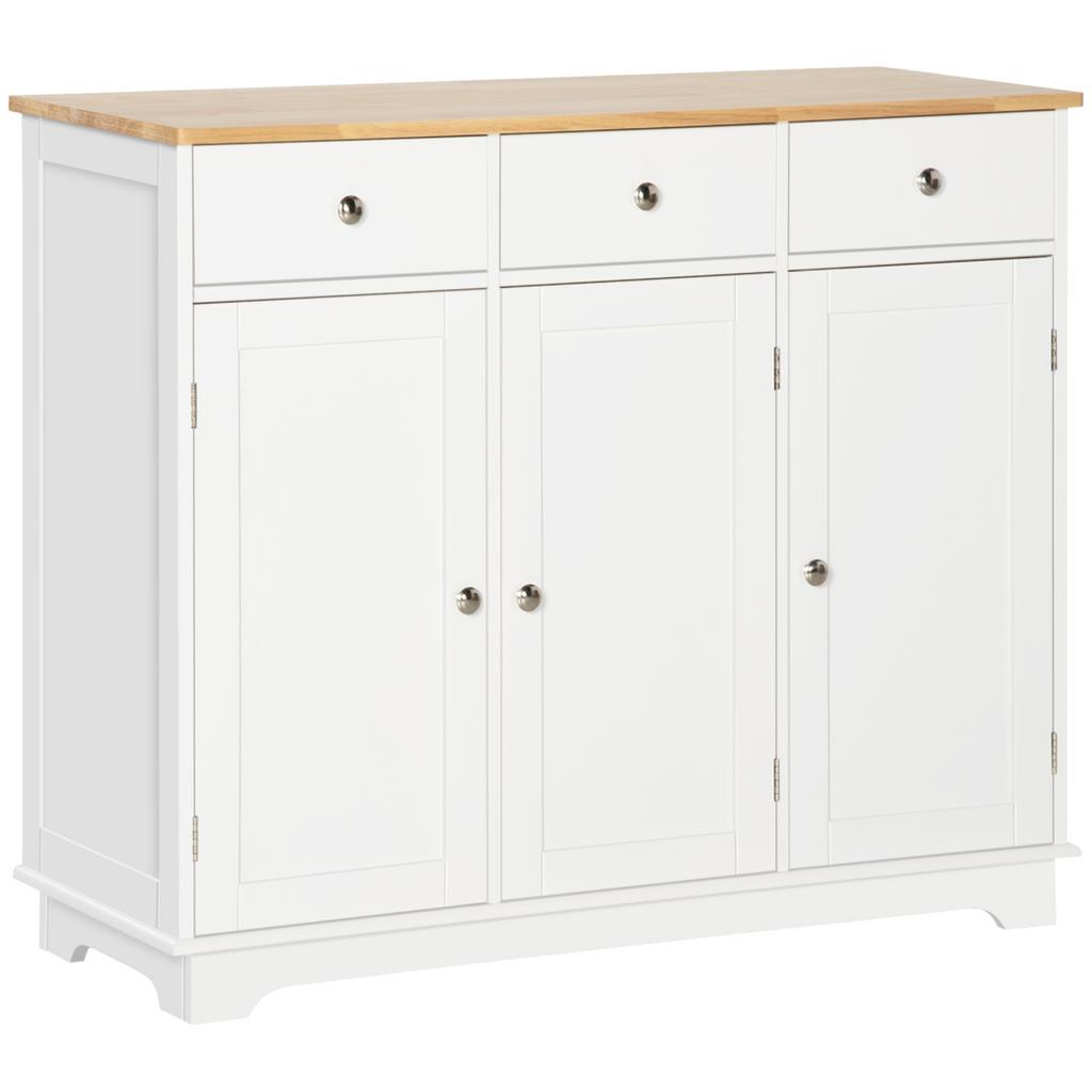 Sideboard with Rubberwood Top, Buffet Drawers and Adjustable Shelves White