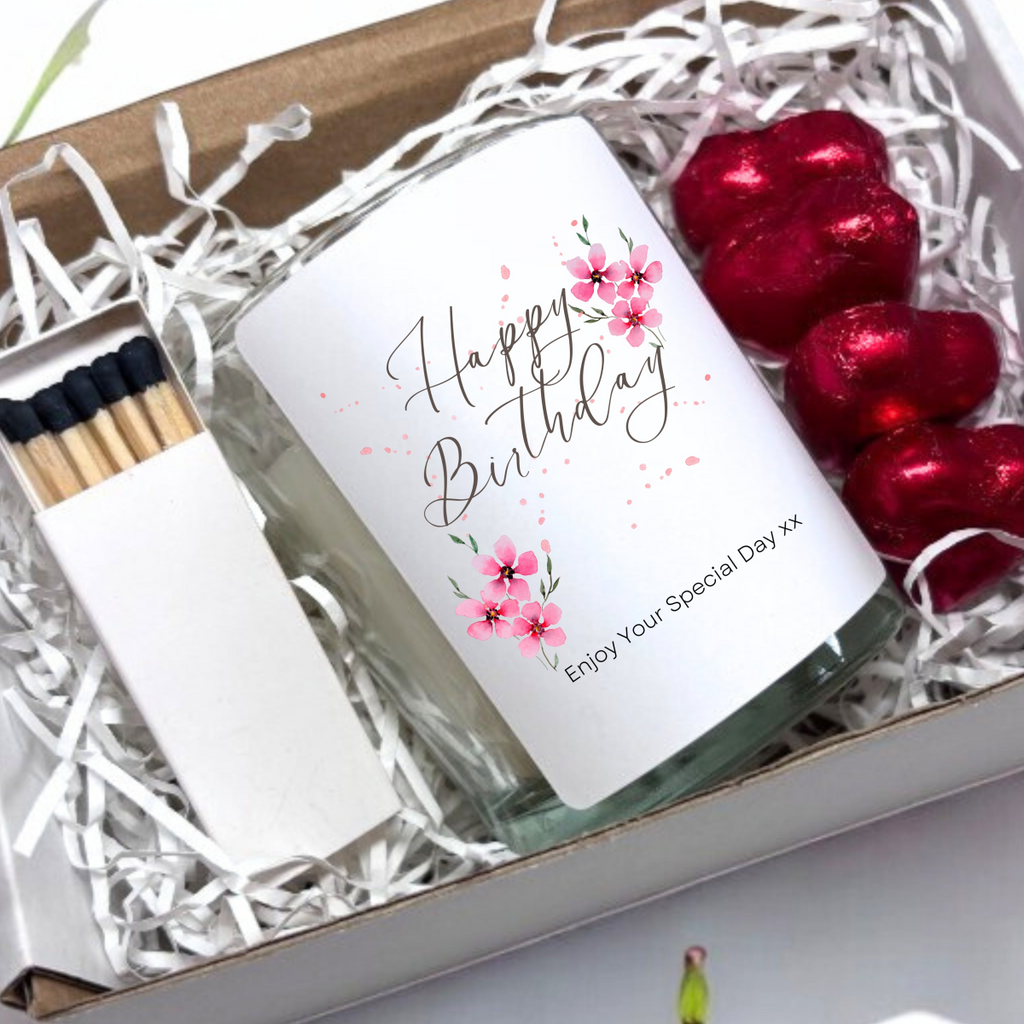 Pink Flowers Happy Birthday Candle Gift Set