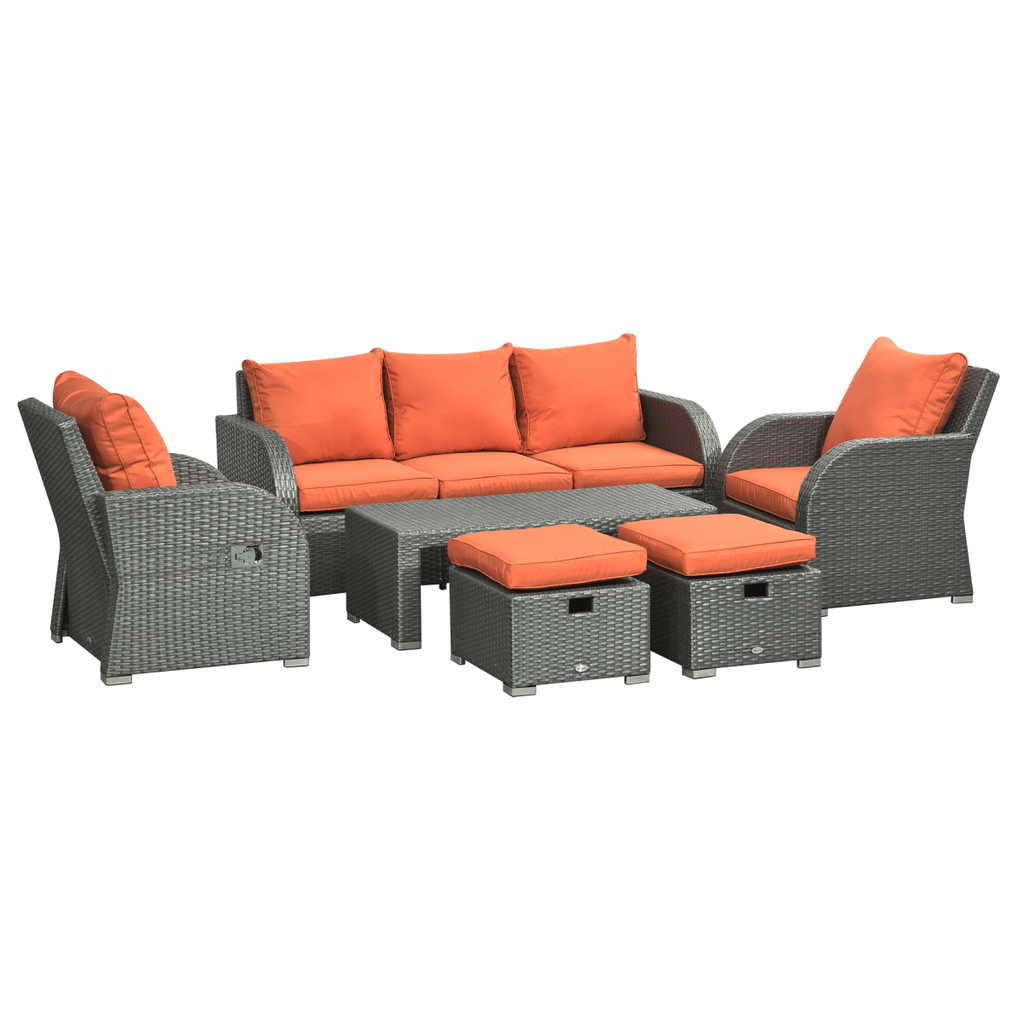 Outsunny 6pc Padded Outdoor Rattan Wicker 3-Seat Sofa Recliner Footstool Table