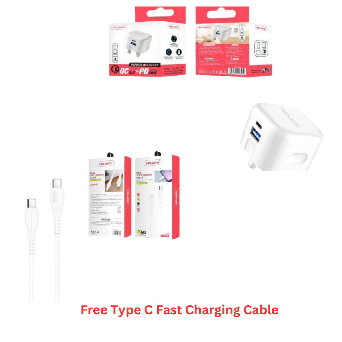 Ven-Dens Dual Port 20w Fast Charger With Fast Charging Type C to C Cable Free