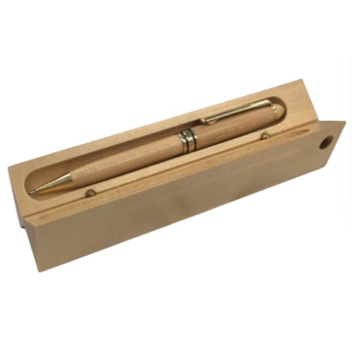 Imperial Wooden Light Brown Gold Trim Ball Pen With Handmade Triangle Wooden Box