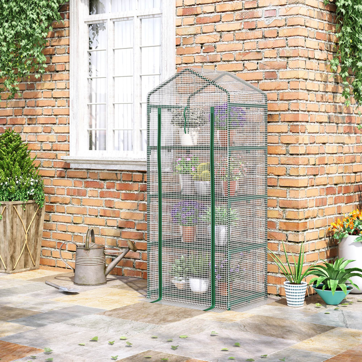 4-Tier Mini Greenhouse with Green & White PE Cover – 160cm