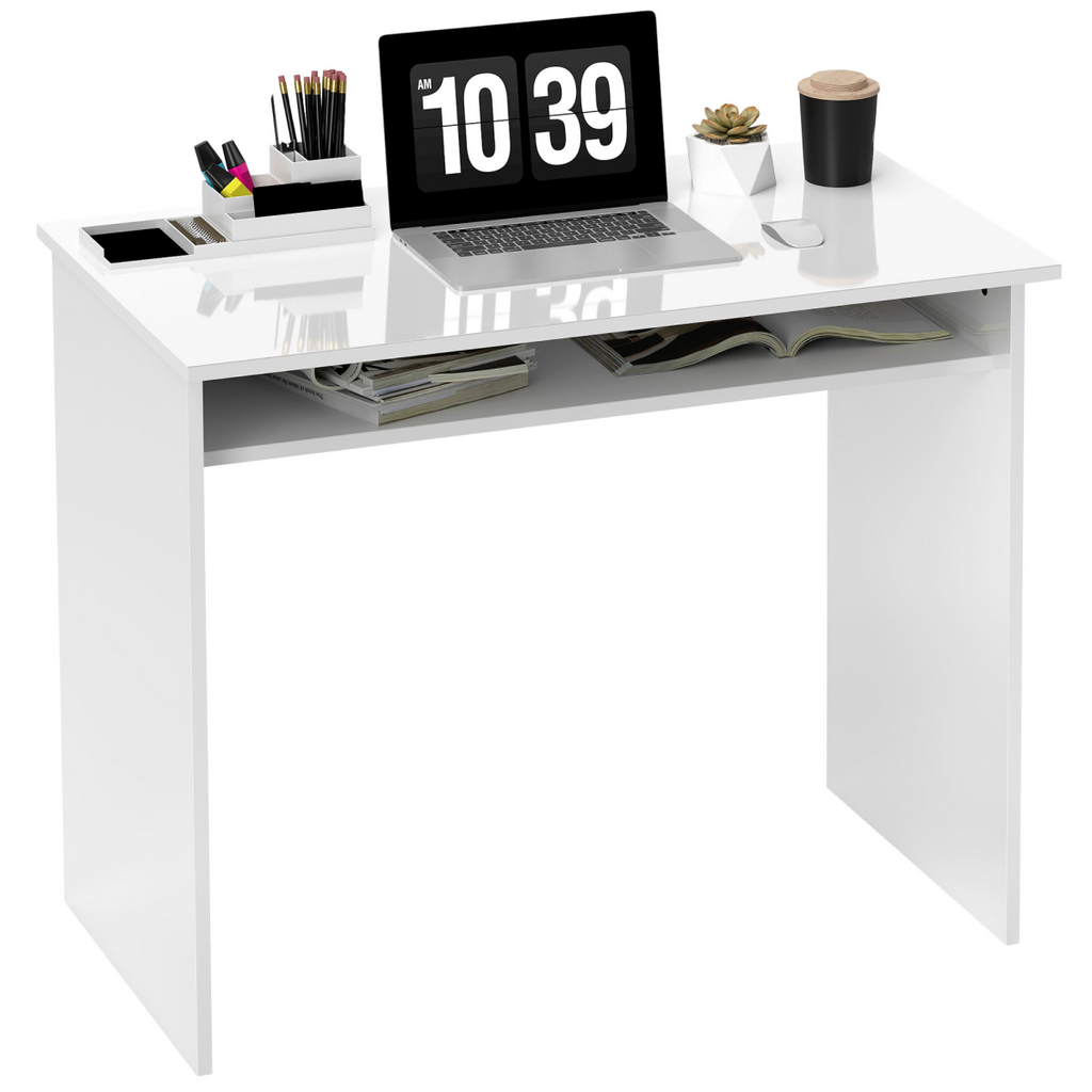 HOMCOM Computer Desk Writing Table Study Workstation Storage High Gloss White