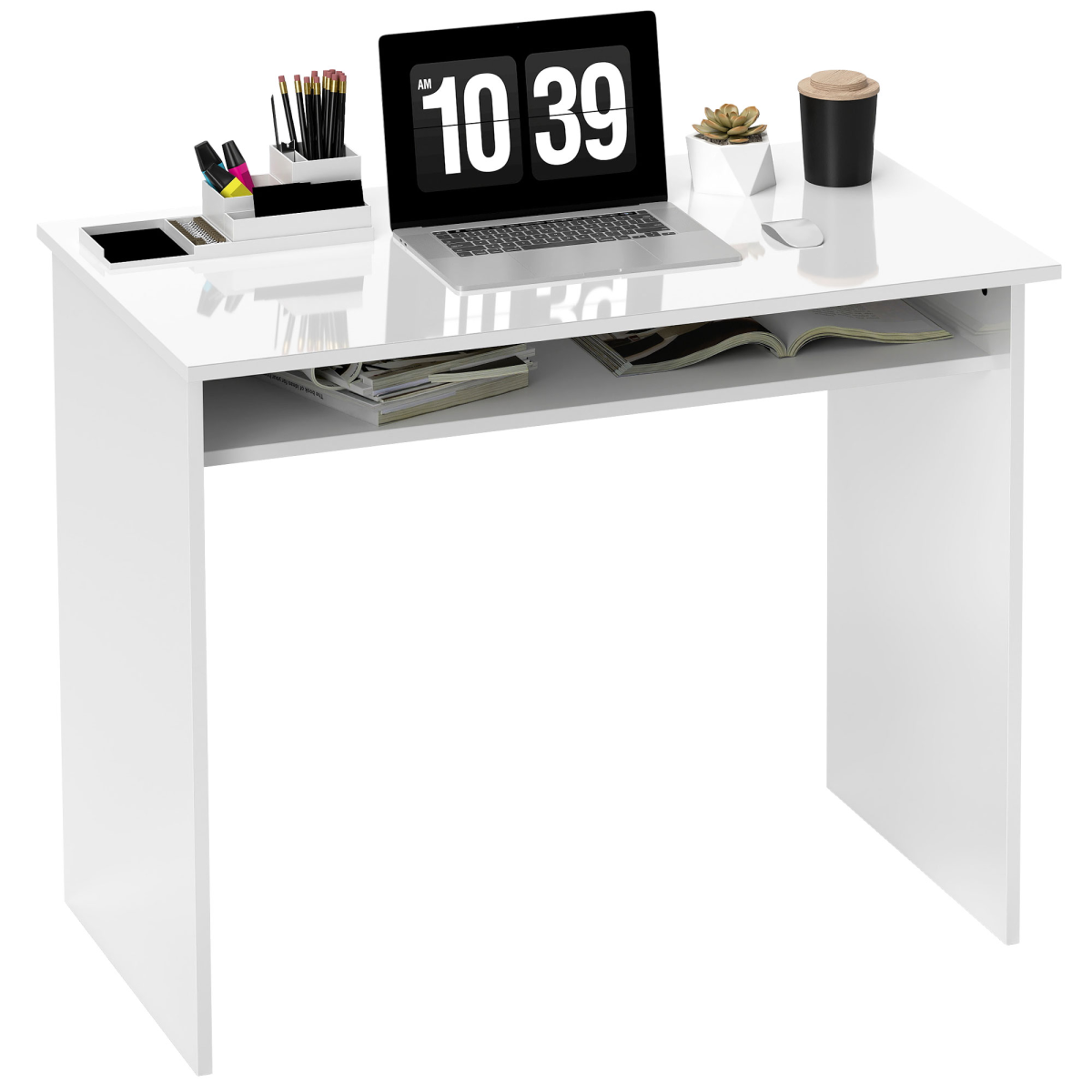 HOMCOM Computer Desk Writing Table Study Workstation Storage High Gloss White