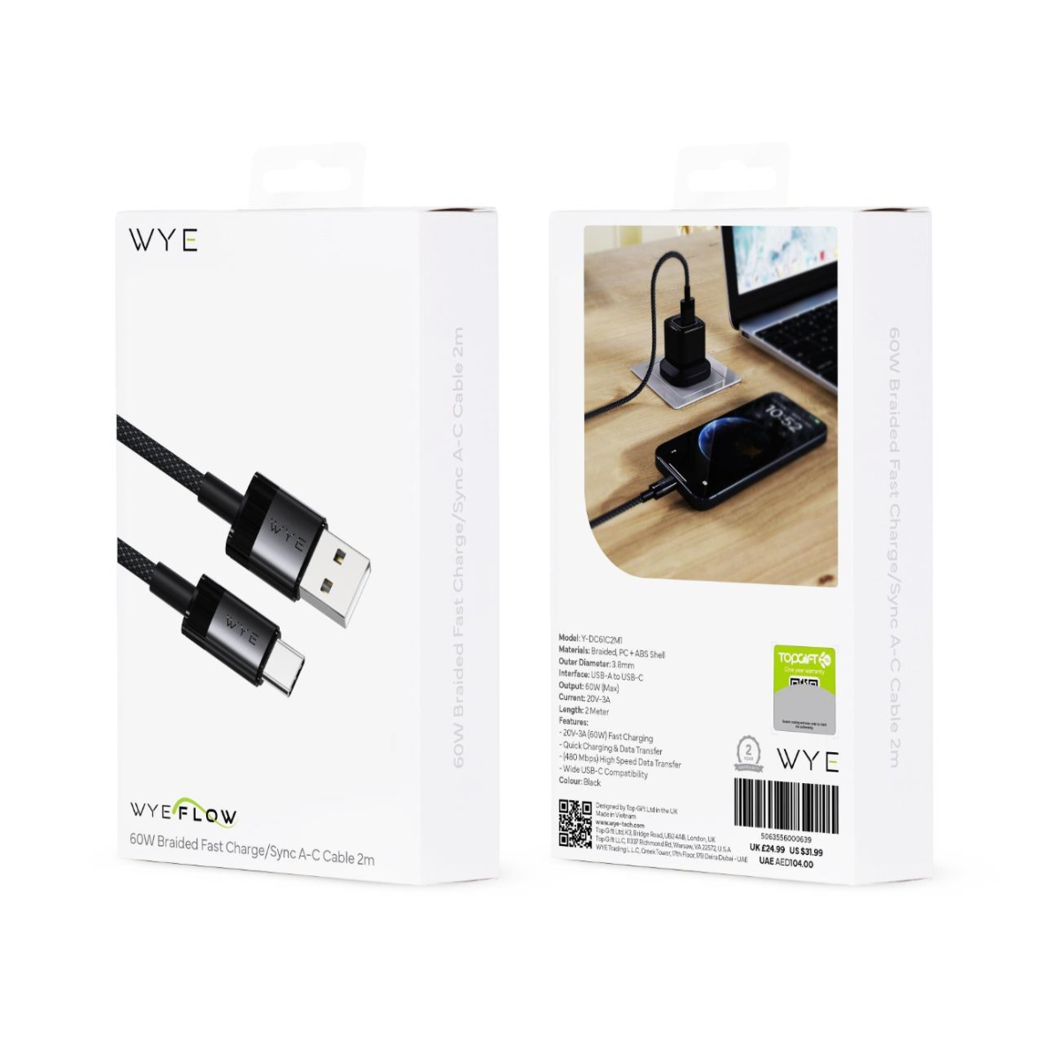WYE 60W Braided Fast Charge/Sync A-C Cable 2m Black