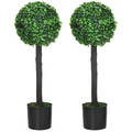 HOMCOM Set of 2 Potted Artificial Plants Boxwood Ball Trees Outdoor, 60cm