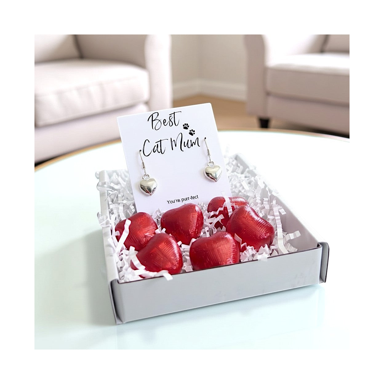 Best Cat Mum Mini Gift Hamper Silver Heart Earrings