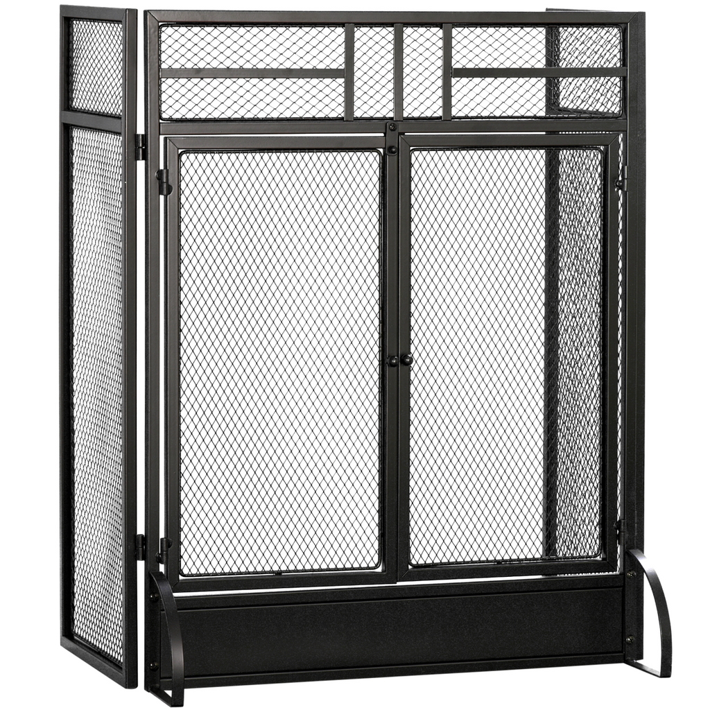3-Panel Folding Fireplace Screen Spark Guard Metal Mesh Fireguard Black
