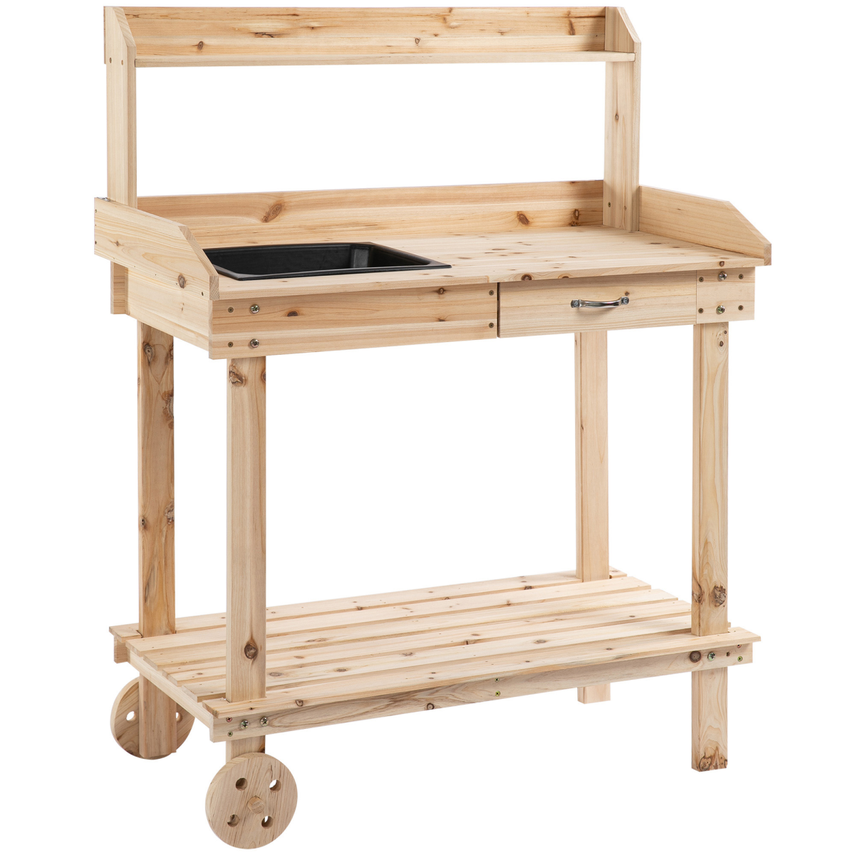 Wooden Bench Work Table & 2 Wheels, Sink, Drawer & Storage Spaces, 92x45x119cm