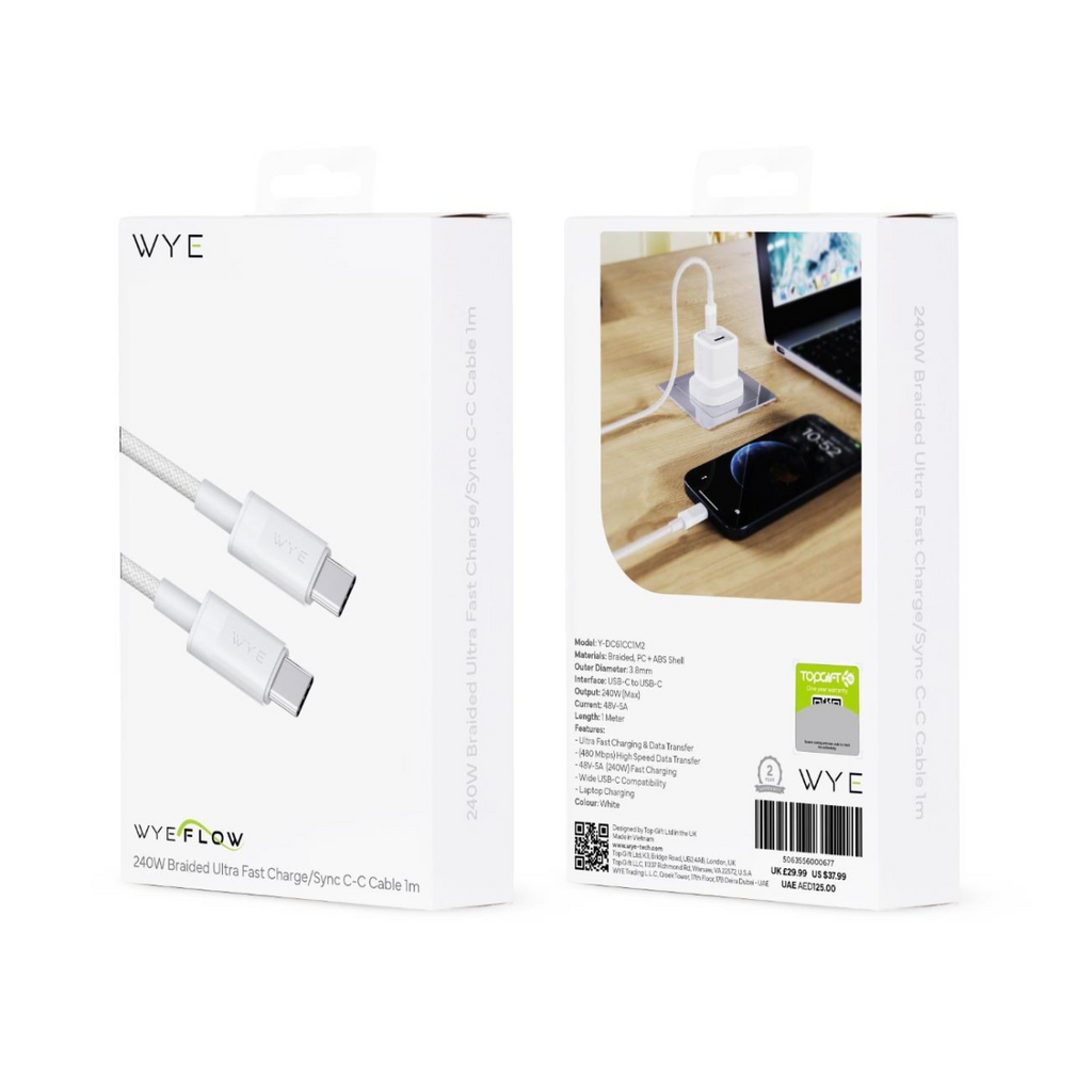WYE 240W Braided Ultra Fast Charge/Sync C-C Cable 1m White