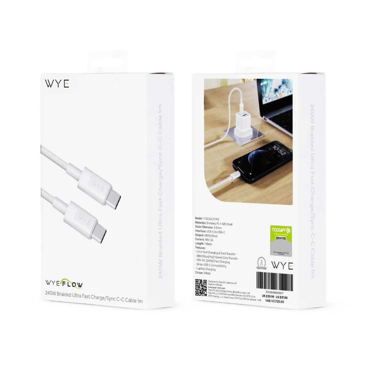 WYE 240W Braided Ultra Fast Charge/Sync C-C Cable 1m White