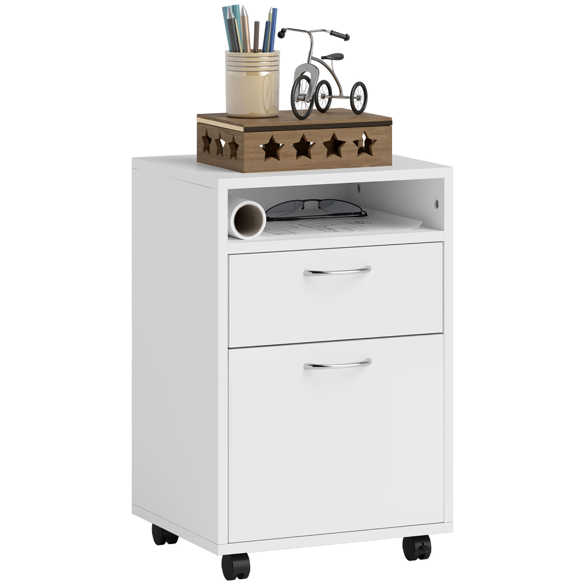 HOMCOM 60cm Storage Cabinet w/ Drawer Open Shelf Metal Handles 4 Wheels White