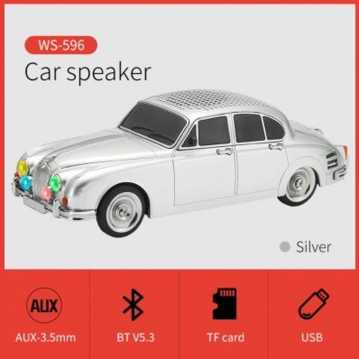 WSTER Wireless Bluetooth Car Speaker with TF/USB/FM - CLASSIC - SILVER