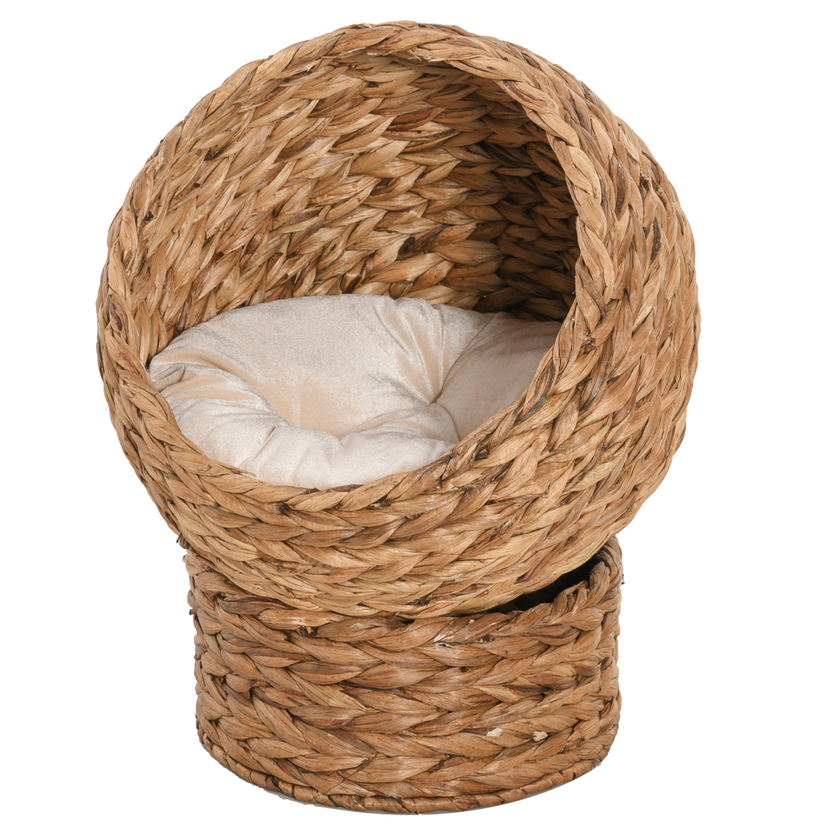 PawHut Elevated Kitten Hooded Rattan Cat House Basket Cushion, 52x42x60cm Brown