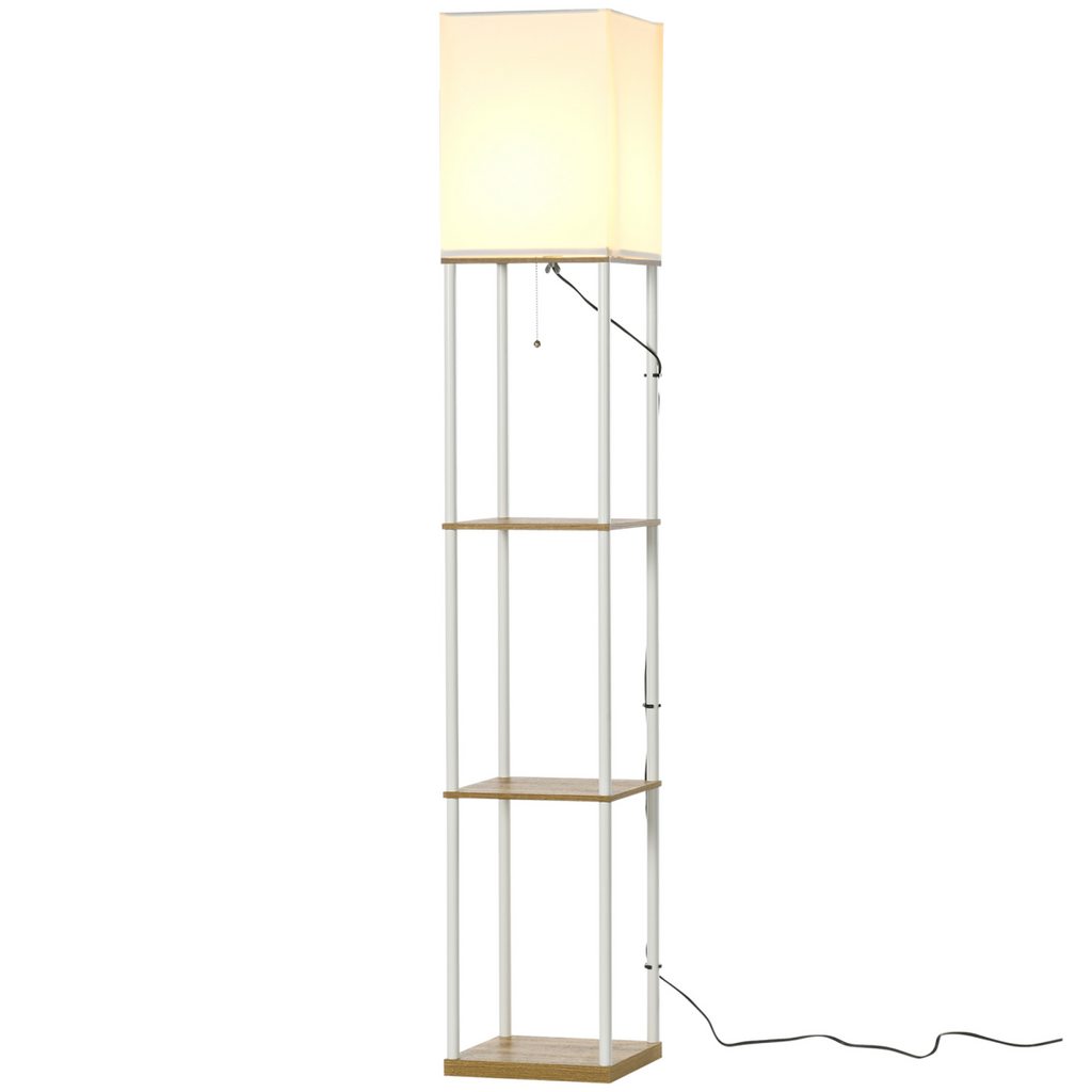 HOMCOM Modern Floor Lamp with Shelves and Fabric Lampshade for Living Room