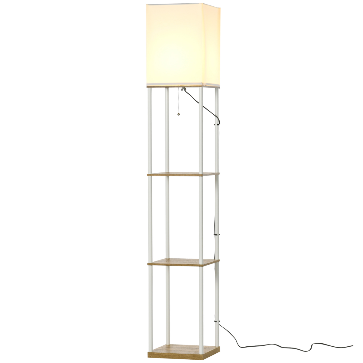 HOMCOM Modern Floor Lamp with Shelves and Fabric Lampshade for Living Room