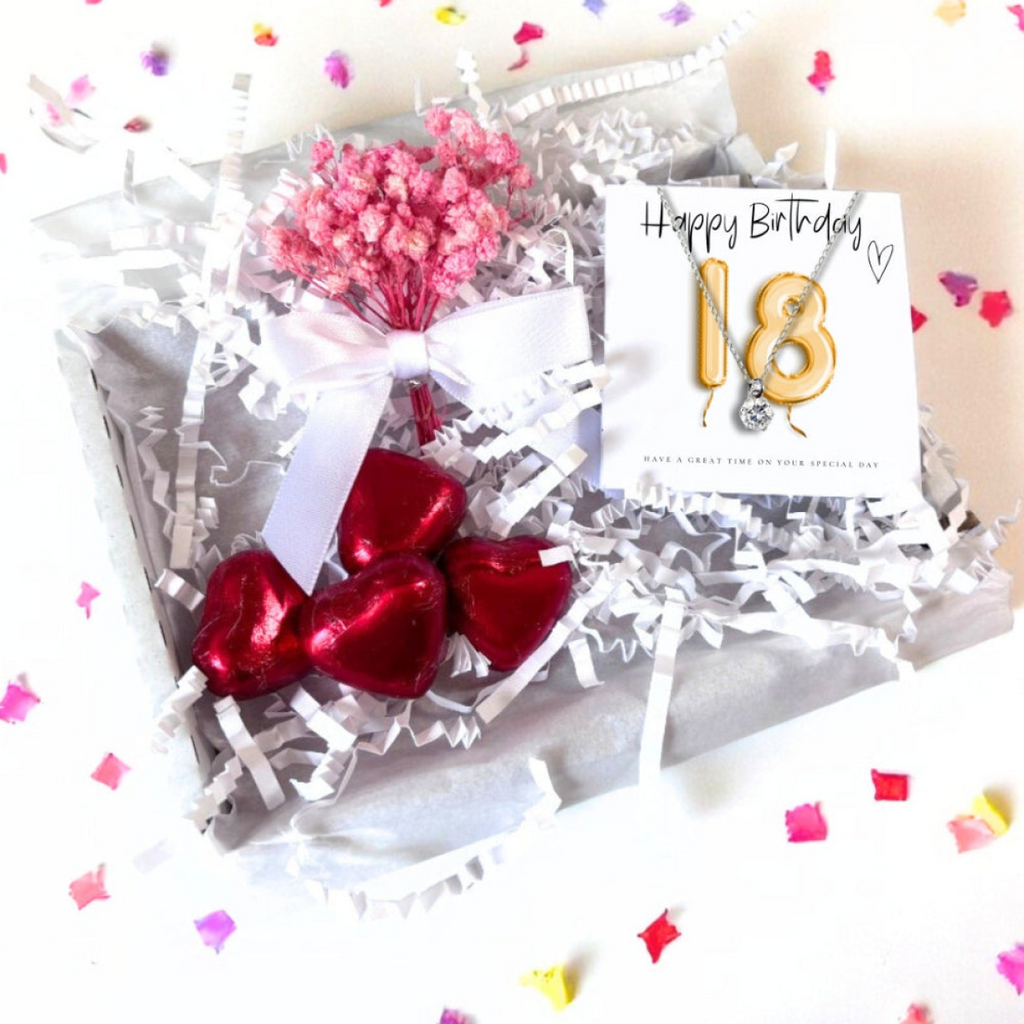 18th Birthday Cubic Zirconia Silver Necklace & Gold Balloons Mini Gift Hamper