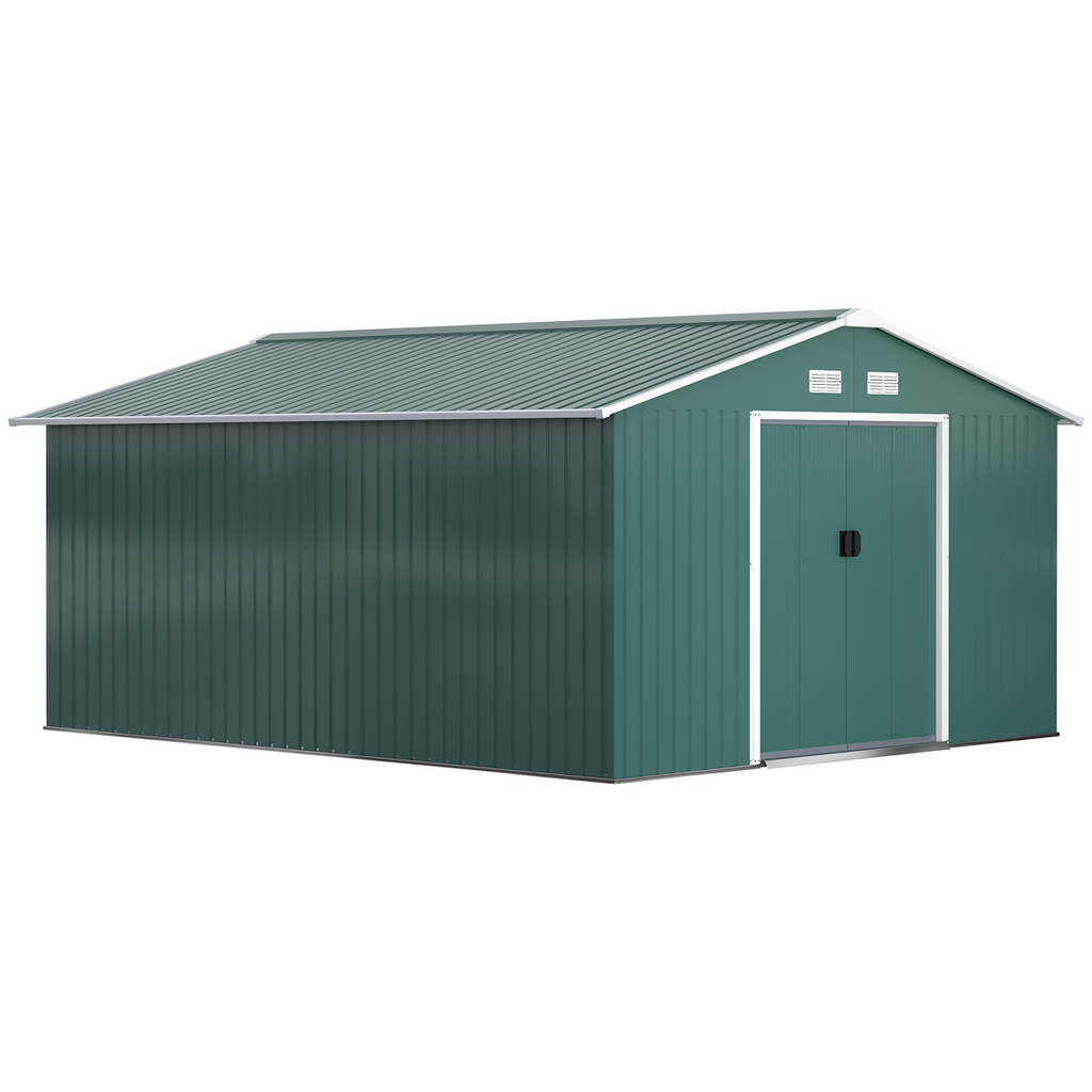13ft x 11ft Outdoor Roofed Metal Storage Shed Foundation Vent & Doors Green