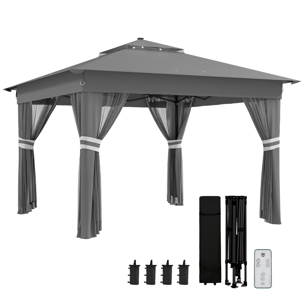 Outsunny 3x3(m) Pop Up Gazebo w/ Solar-Powered LED Lights Curtain Netting Grey