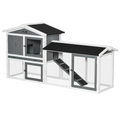 Two-Tier Wooden Rabbit Hutch Small Animal House w/ Run Box, Slide-Out Tray, Ramp