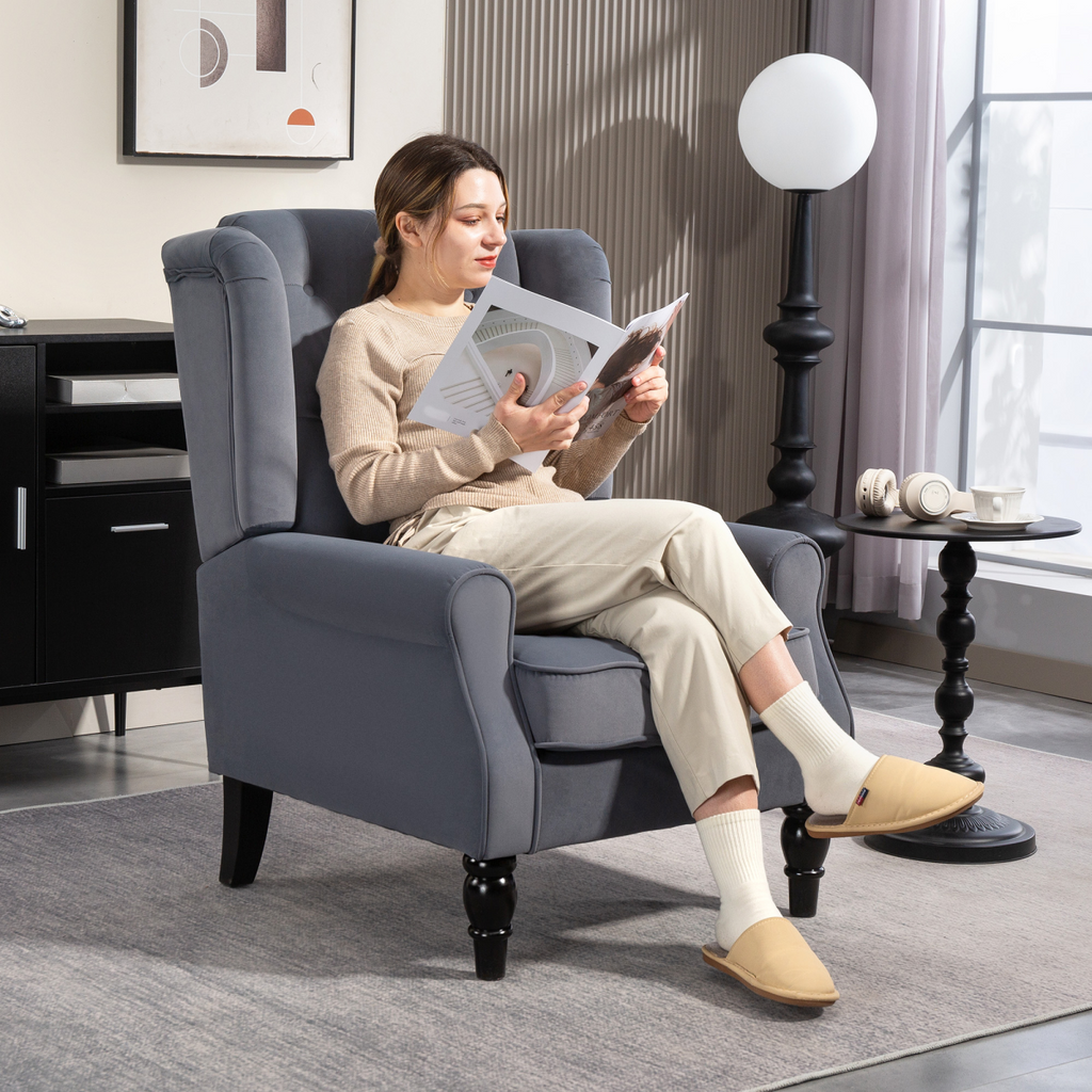 Grey Tufted Velvet High-Back Armchair