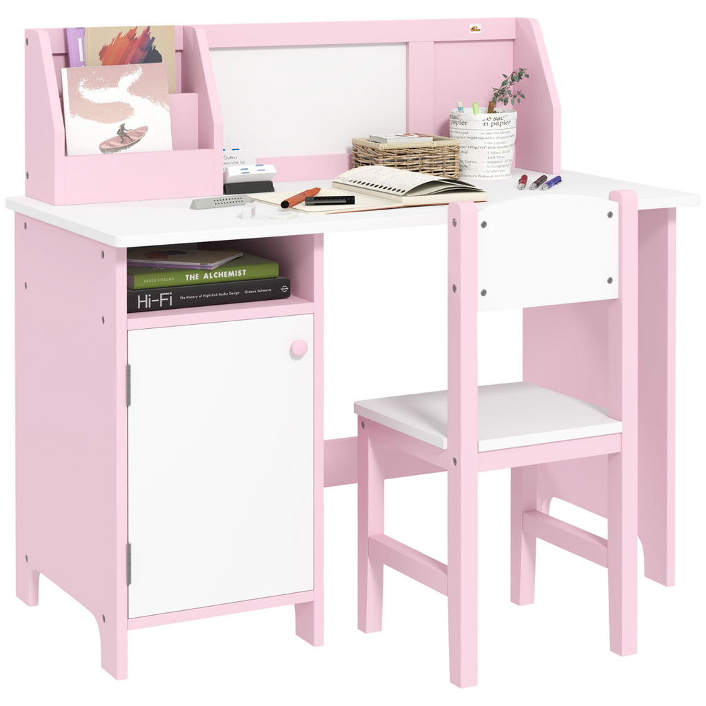 HOMCOM 2 PCs Childrens Table and Chair Set with Whiteboard Storage - Pink