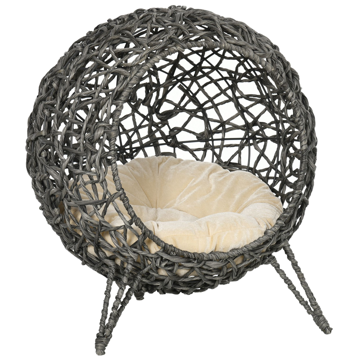 Rattan Elevated Cat House Kitten Bed Pet Furniture w/ Cushion Grey