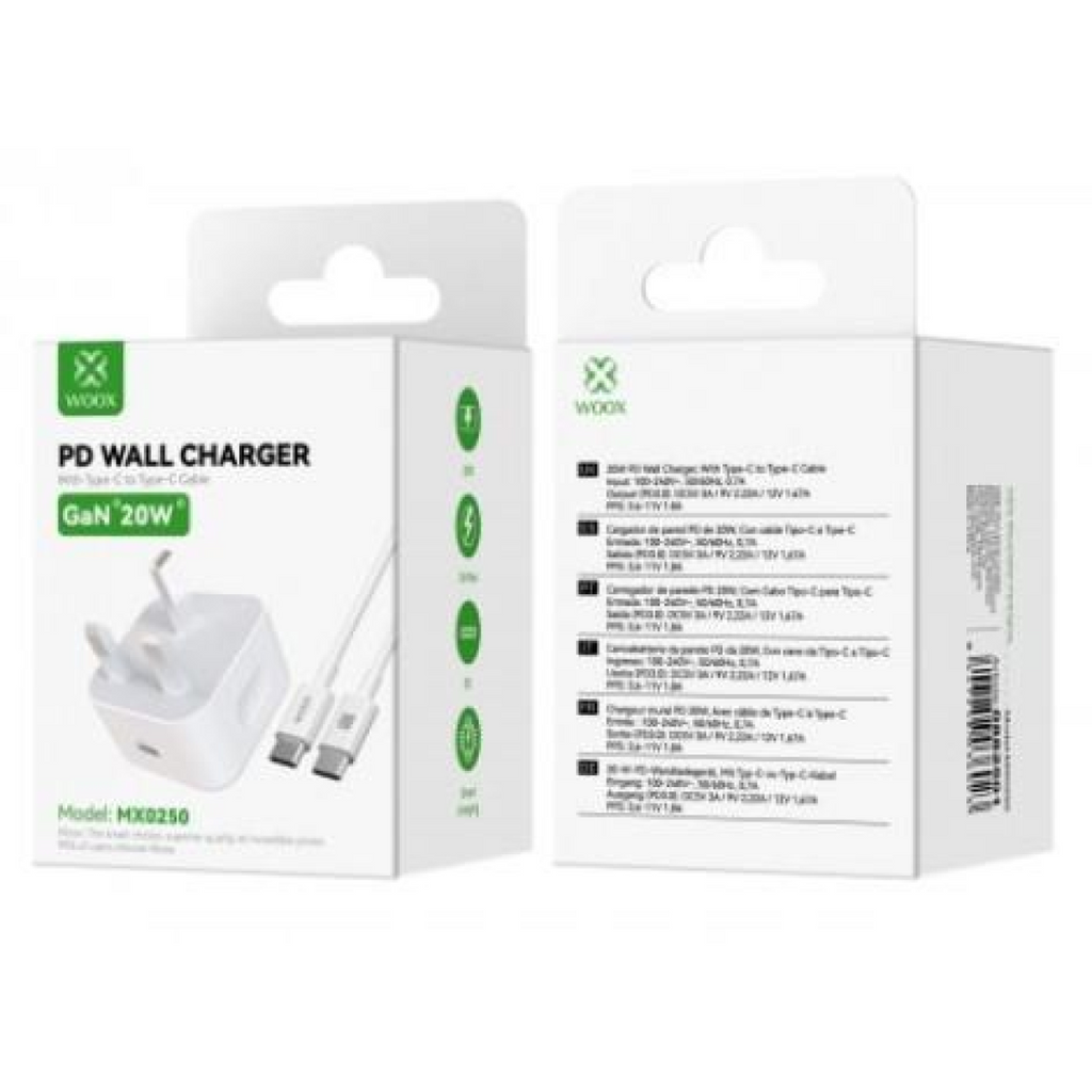 WOOX MX0250 20W PD Home Charger with Type-C to Type-C Fast Cable, 5V 3A, White