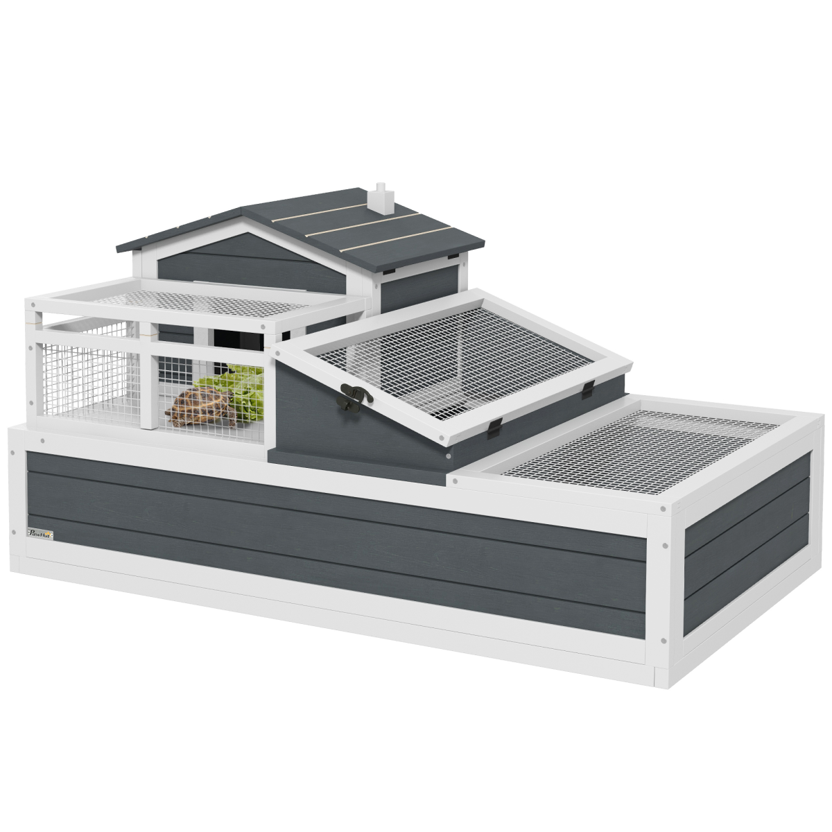 PawHut Wooden Tortoise House Indoor Outdoor w/ Balcony, Tray, Openable Roof