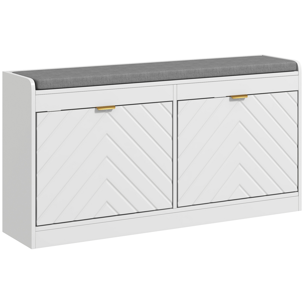 HOMCOM Shoe Bench with 2 Flip Drawers, Cushion, 8 Pairs for Entryway White