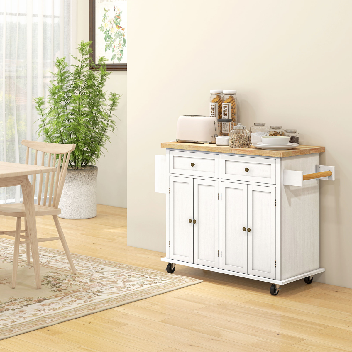 Distressed White Mobile Kitchen Island with Storage