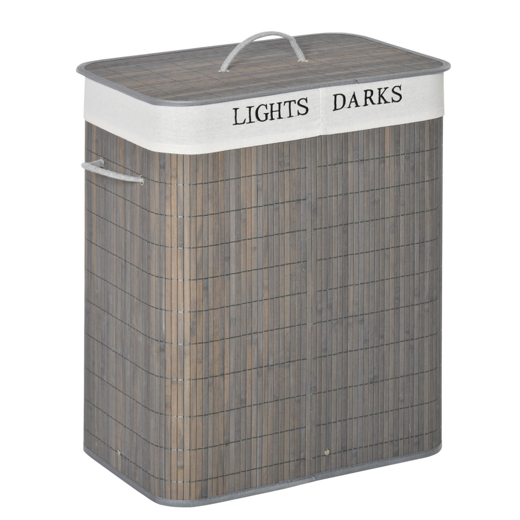 100L Bamboo Laundry Basket with Flip Lid Foldable, Grey Lining