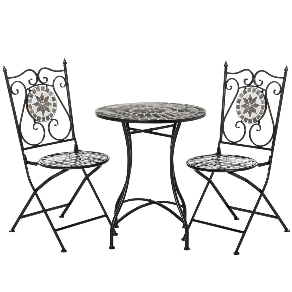 3Pc Mosaic Tile Garden Bistro Set Folding Chairs