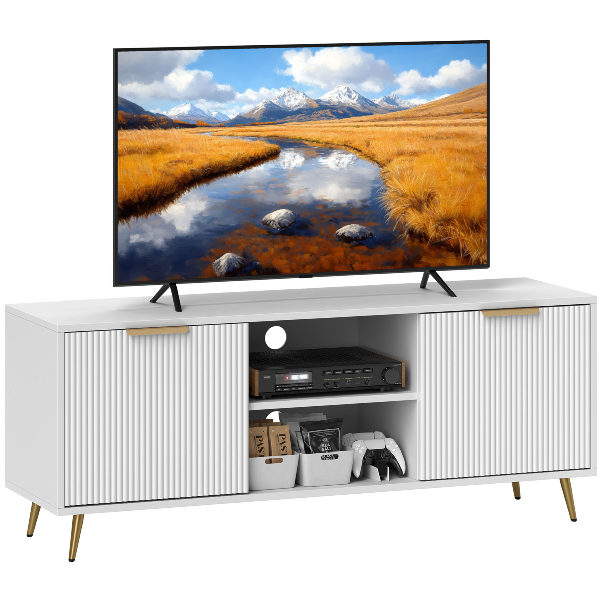 HOMCOM Modern TV Stand Cabinet with Storage for Living Room, White