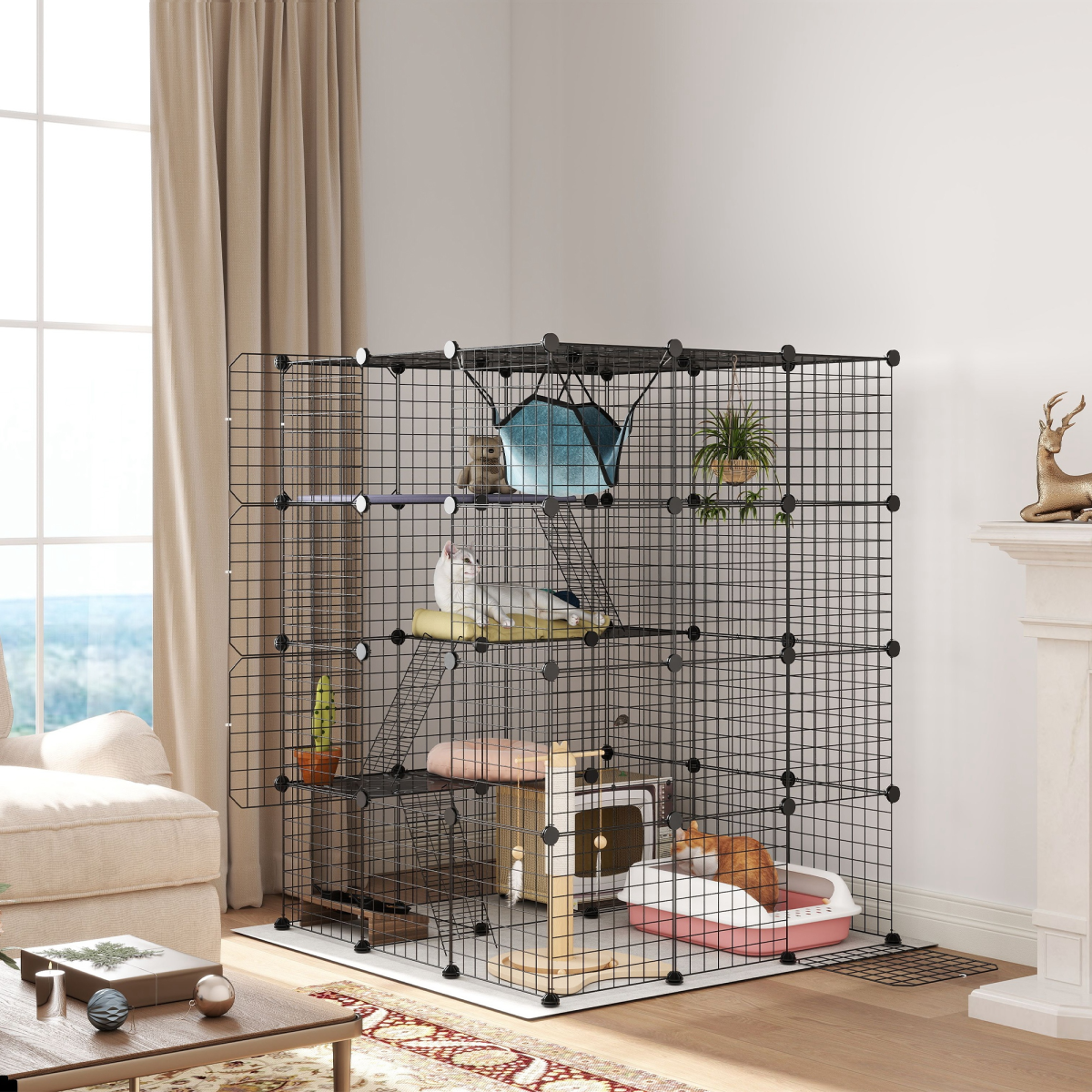 PawHut DIY 4 Tier Cat Cage Indoor with Hammock, Ramps, Doors, for 1-3 Cats