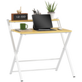 HOMCOM Folding Desk with 2-Tier Shelf for Home Office, Maple Wood-effect