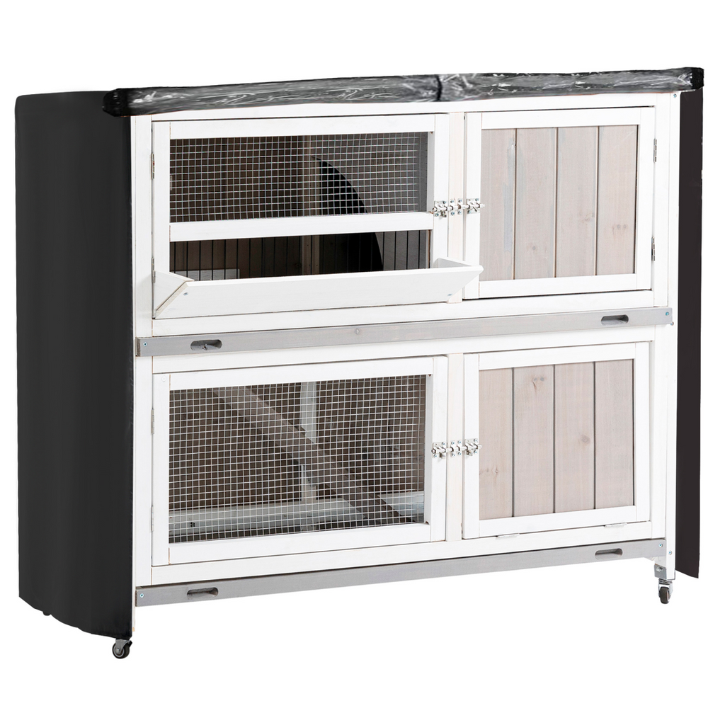 Two-Tier Wooden Rabbit Hutch w/ Wheels, Trough, Rain Cover, Tray - Grey Pawhut
