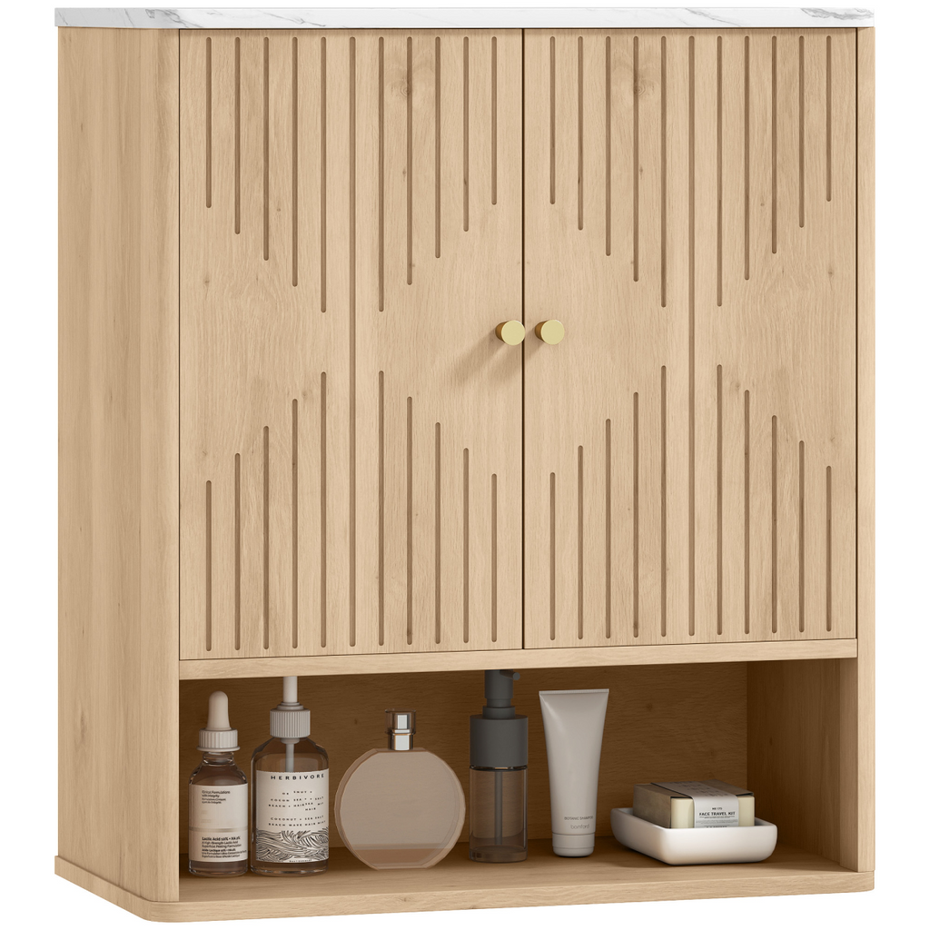 HOMCOM Bathroom Wall Cabinet with Adjustable Shelf and Open Shelf, Oak