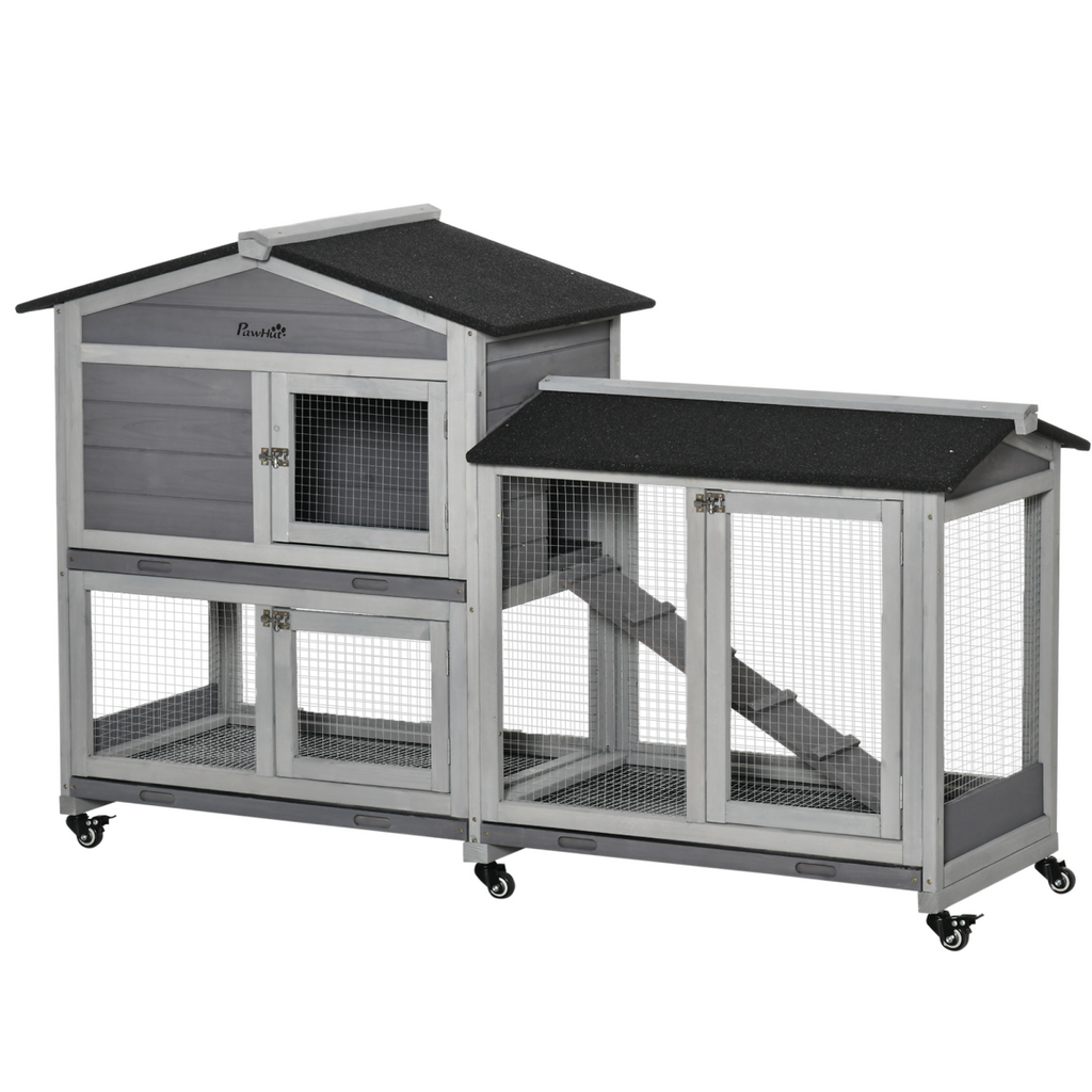 Wooden Rabbit Hutch, Guinea Pig Cage w/ Wheels, Slide-Out Tray, Ramp Light Grey