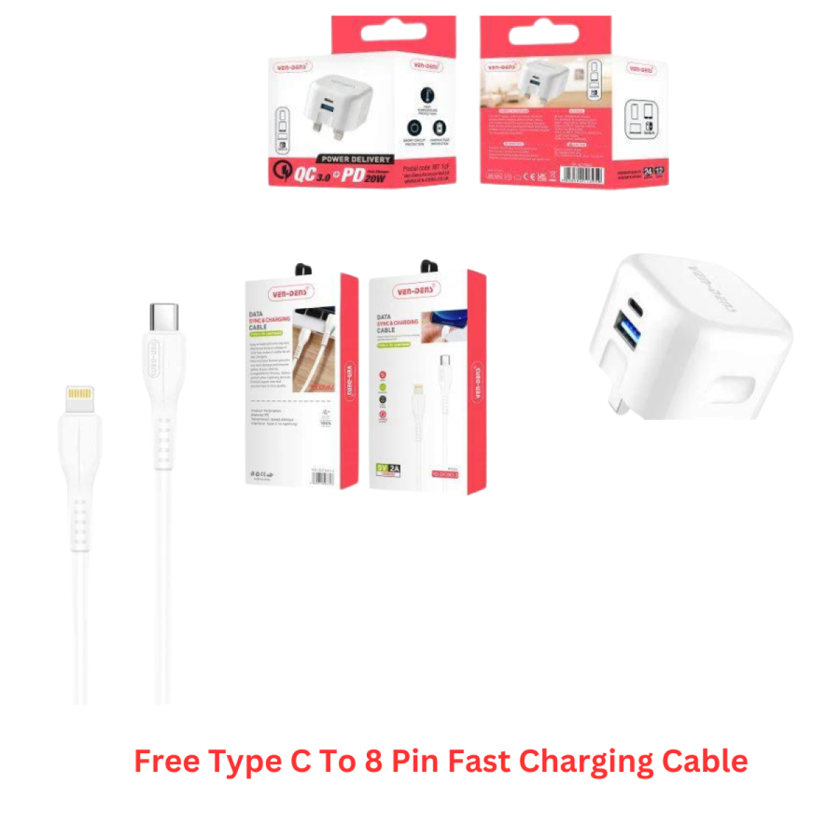 Ven-Dens Dual Port 20w Fast Charger With Fast Charging Type C to 8pin Cable Free