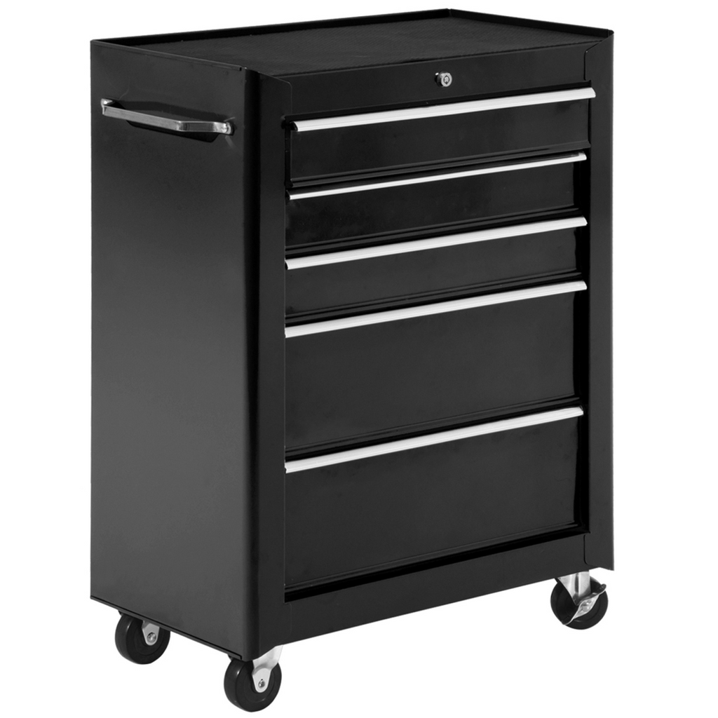 5-Drawer Lockable Steel Tool Storage Cabinet w/ Wheels Handle 2 Keys Black