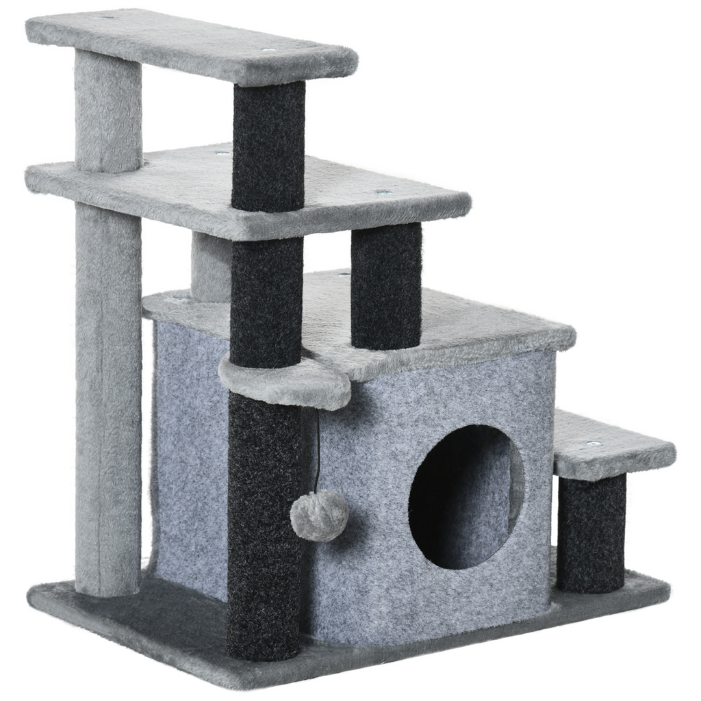 Cat Steps for Bed, Sofa Adjustable Height w/ Hanging Ball - Grey Pawhut