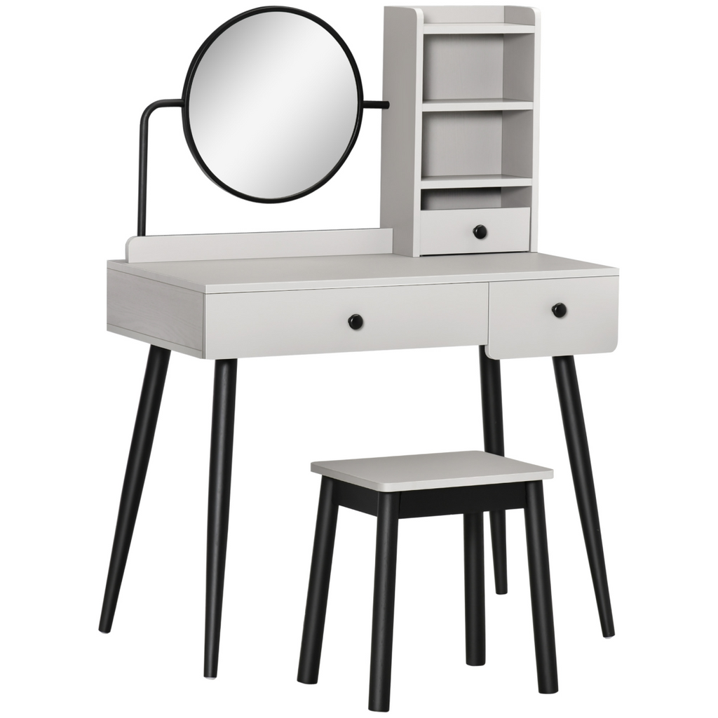 Dressing Table Set with 3 Drawers, Storage shelves and Stool, Grey