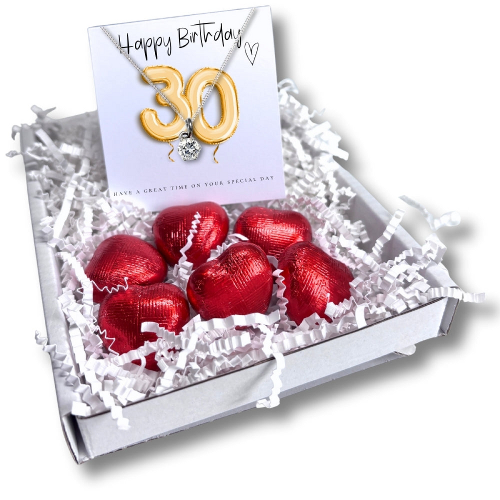 30th Birthday Cubic Zirconia Silver Necklace & Gold Balloons Mini Gift Hamper