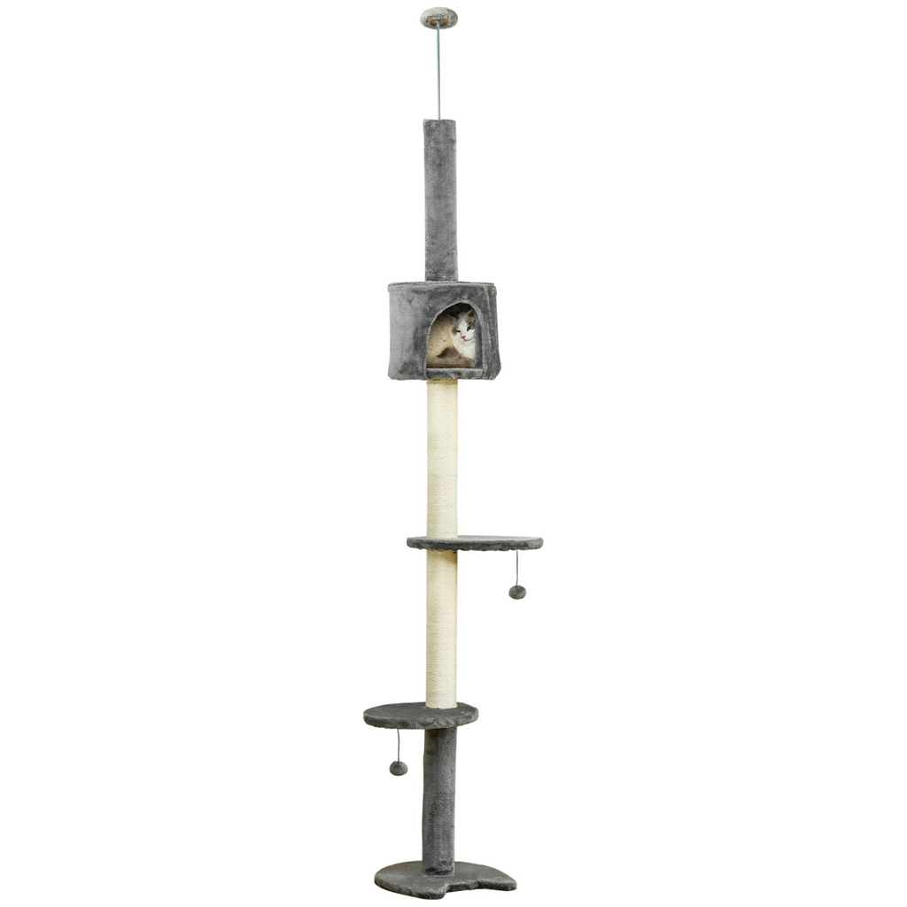 Cat Tree, Multi-Floor Pet Playhouse w/ Solid Scratching Post, Light Grey